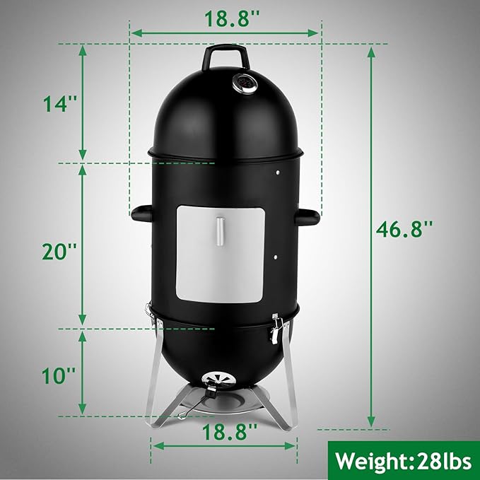 19 Inch BBQ Smoker Grill, 3-in-1 Vertical Charcoal Smoker, Heavy Duty Outdoor Bullet Smokers for Meat with Built-In Thermometer, Air Vent, And 2 Access Doors, Idea for Parties, Backyard, Barbecues
