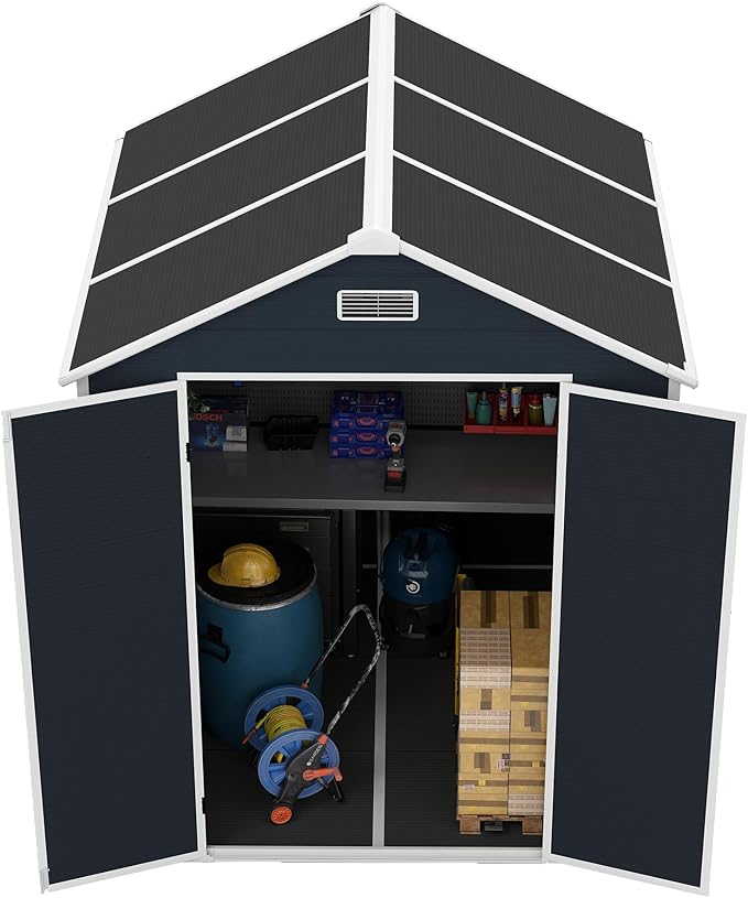 Resin Storage Shed 6x6ft Outdoor Tool Shed with Floor, Window, Lockable Doors and Vents, 12mm Thick pp Board, Storage Sheds for Patio, Garden, Backyard, Lawn (Dark Gray, 6 * 6ft)