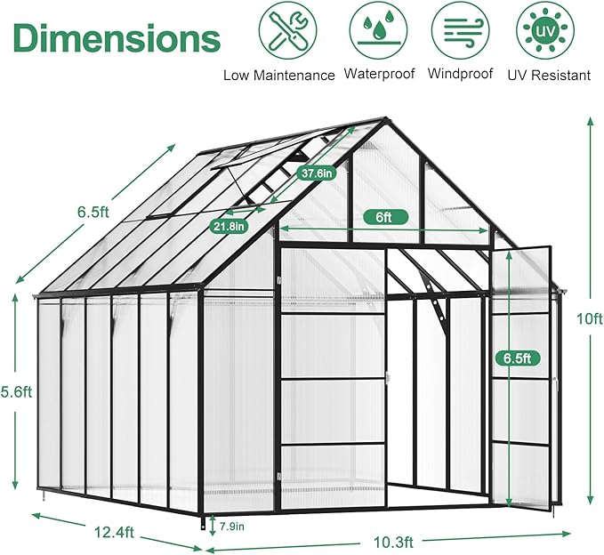 Outdoor Polycarbonate Greenhouse 12x10x10 FT Aluminum Frame Transparent Panels Heavy Duty Green House Kit with Windows Vents Door for Backyard Garden, Large Outsides Walk in Plant Greenhouses,Black