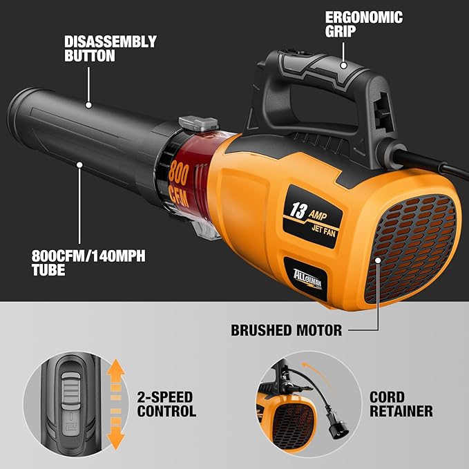 ALLOYMAN 13AMP Corded Electric Leaf Blower, 800CFM 140MPH Powerful Plug-in Blower, Lightweight & Portable Electric Leaf Blower for Lawn Care, Patio Cleaning, Yard Dust & Fallen Leaves