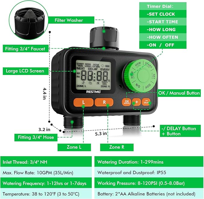 RESTMO 2 Zone Sprinkler Timer, Programmable Water Timer for Garden Hose, Automatic Control | Manual ON/Off | Rain Delay for Outdoor Faucet, Drip Irrigation and Lawn Watering System