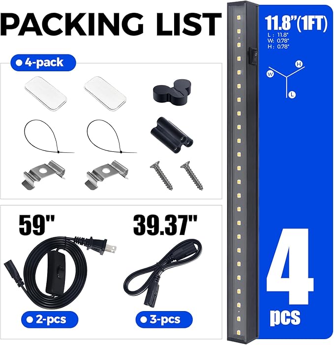 Barrina T5 Grow Lights for Indoor Plants, Full Spectrum Grow Light, 1ft LED Plant Light, Black Cover LED Grow Light Strips, 3 Mounting Modes, Magnetic Installation, Plug and Play, 5000K, 4 Packs