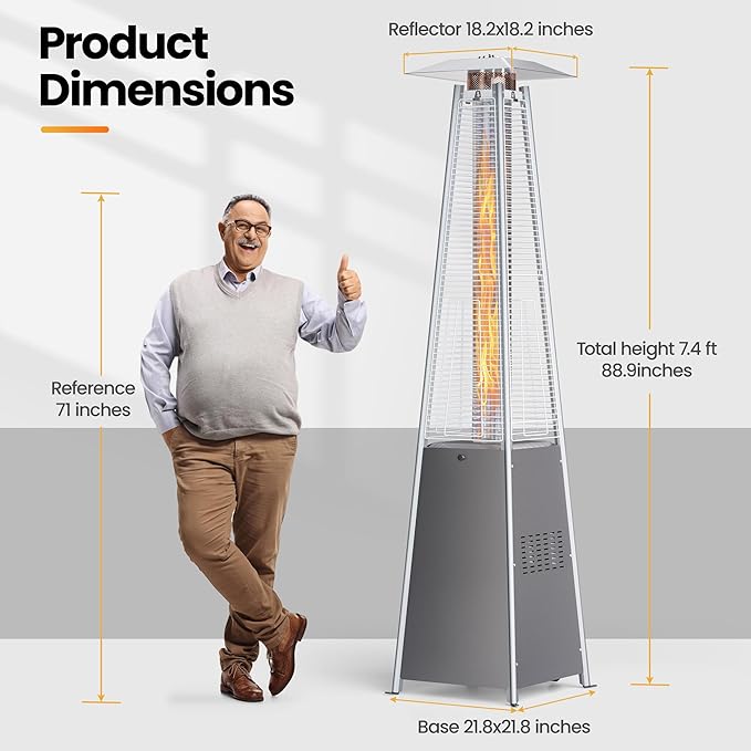 Patio Heater, 48,000 BTU Pyramid Flame Outdoor Propane Heater with Borosilicate Glass Tube, Wheels & Weatherproof Cover, CSA Certified for Backyard, Garden, Porch (Silver Gray)