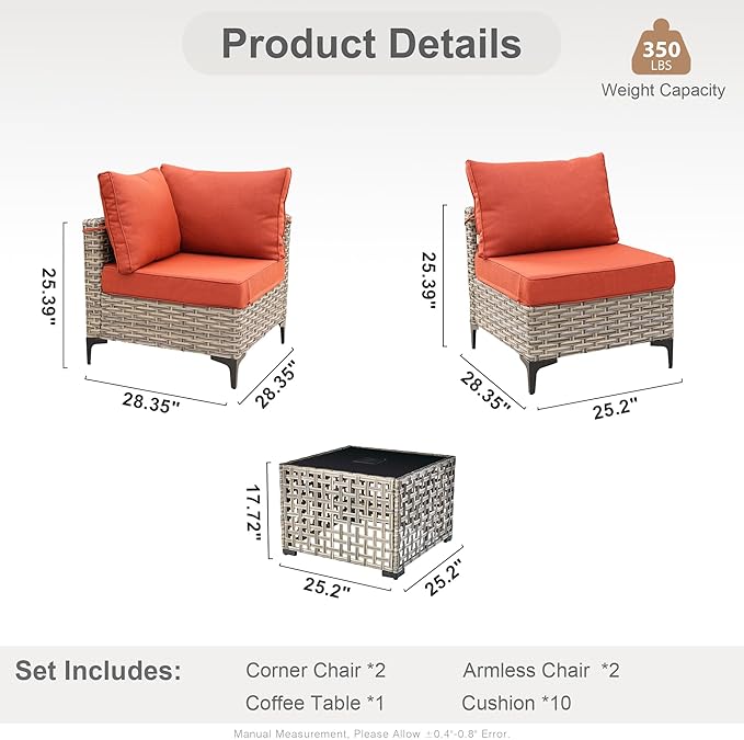 Outdoor Sectional Patio Furniture Set with Glowing Table,5 Pieces Wicker Conversation Sets L Shaped Couch Out Door Sofa Set Outside Furniture for Garden Deck Yard Porch,Red,