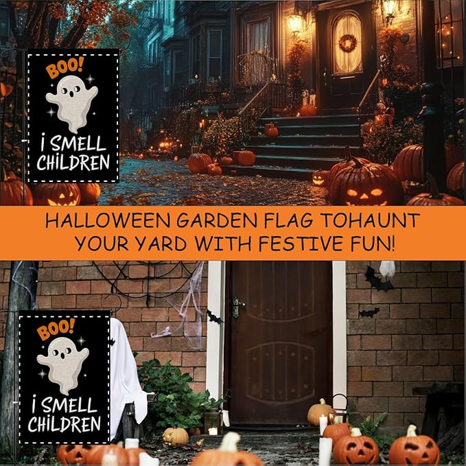 Fokongna Halloween Spooky Ghost BOO Garden Flag, I Smell Children Garden Flag Halloween Decor, 12x18 Inch Burlap Vertical Double Sided Flags, for Home Yard Outside Decorations