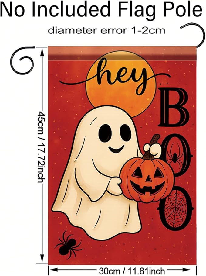 Halloween Garden Flag Hey Boo Ghost Pumpkin Flag 12x18 Inch Double Sided Outdoor Yard Banner for Trick or Treat Haunted House Fall Halloween Decoration Decor
