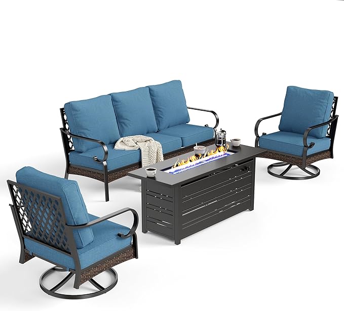 4 Piece Black Metal Outdoor Patio Furniture Sets with Firepit Table, Patio Conversation Sets 1 3-Seater Sofa, 2 Swivel Sofa with 5.75" Thick Cushion Backyard Furniture for Deck, Navy