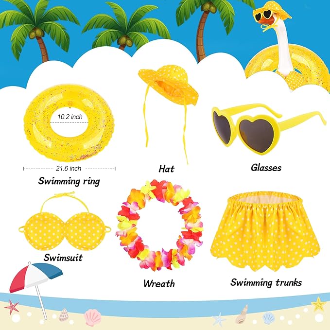 6 Pcs Porch Goose Outfits Summer Hawaiian Bikini Yard Garden Lawn Goose Clothes for Plastic Cement Goose Statue 17” 23" Funny Porch Goose Costume Accessories Set for Patio Outdoor Decoration