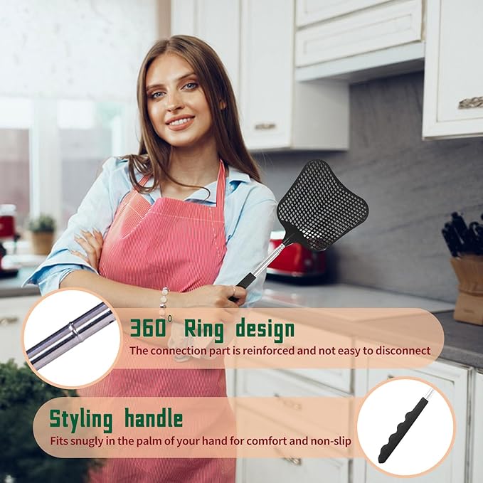 Fly Swatters 3 Pack Black, Durable Telescopic Stainless Steel Handle, Heavy Duty Upgraded Plastic Fly Swatter Set for Indoor Outdoor Home Hiking Camping Garden