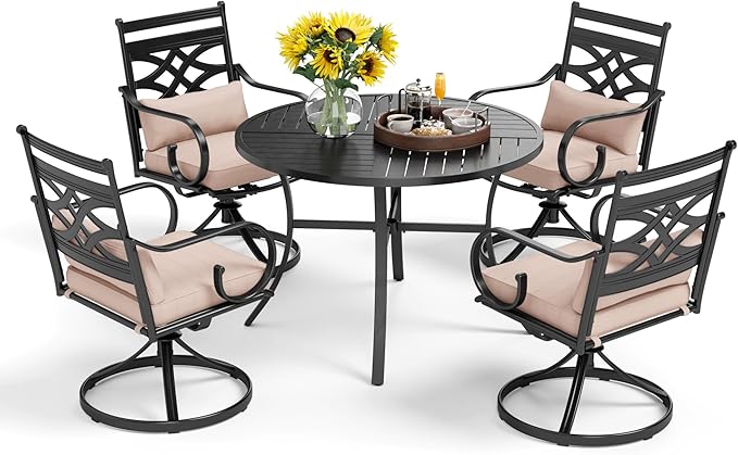 PHI VILLA 5 Pcs Patio Dining Sets,Outdoor Table Chair Set for 4 with Outdoor Swivel Chairs and Metal Frame Steel Round Table,Outdoor Dining Furniture with Cushion and Pillow for Garden Lawn Deck