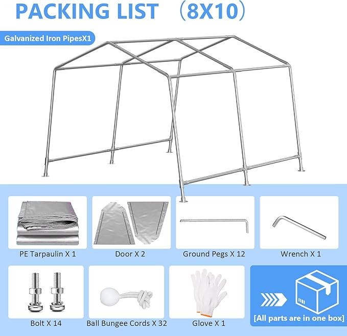 8x10 ft Carport Heavy Duty Tent with Roll-up Windows, Portable Garage with Galvanized Steel Tubes, Car Canopy All-Season Tarp for Car Boat Truck Motorcycle