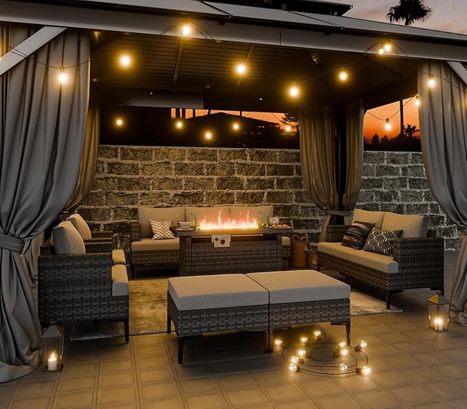 Restland 44” Propane Fire Pit Table 60000 BTU Rectangle Outdoor Fire Pit Table with Wind Guard & Waterproof Cover CSA-Certified Rattan Gas Firepit for Patio, Party, Backyard