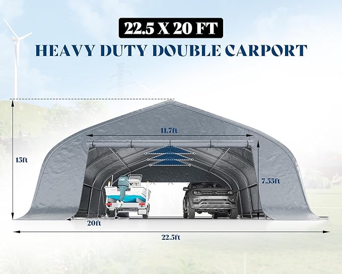 AMERLIFE 22.5 x 20FT Heavy Duty Double Carport, Galvanized Steel Frame Garage Shelter,Outdoor Storage, Waterproof 3-Layer PE Cover, Fits 2 Cars, Boat, Farm Equipment, Silver Grey