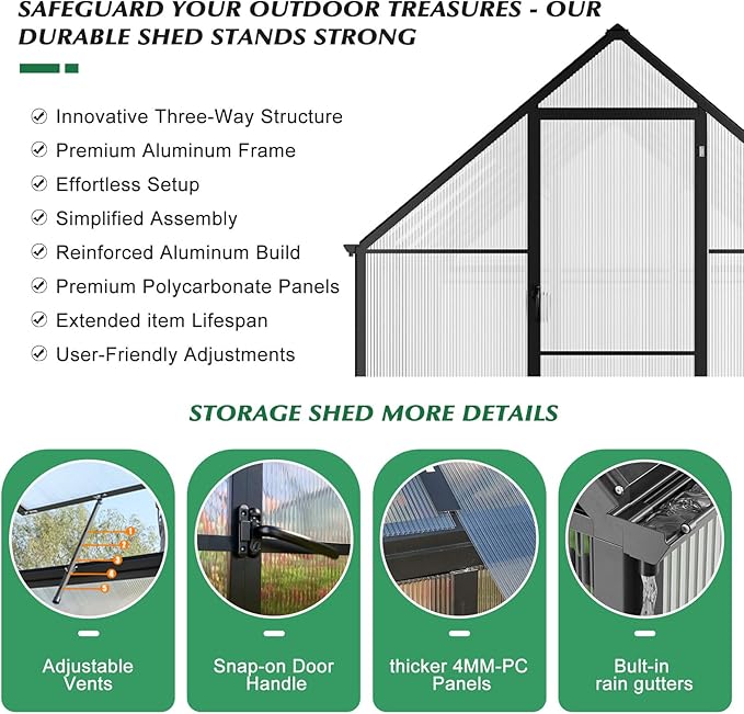 6'x12' Snap-Together Greenhouse - Easy 3-Way Connectors, Heavy-Duty Aluminum Frame, Wind/Snow Resistant for Gardening/Urban Farming, Includes Sliding Door and Ventilation Windows