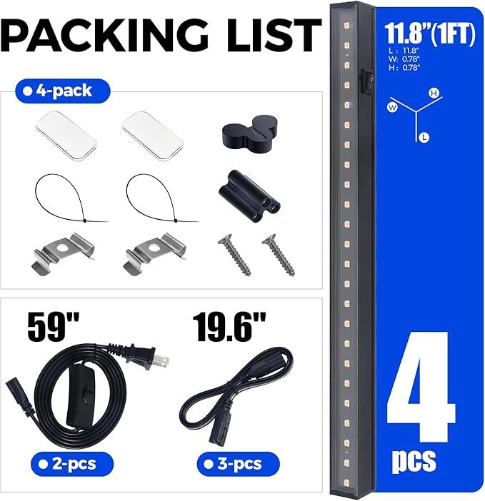 Barrina Grow Lights for Indoor Plants, Full Spectrum Sunlight, Black Cover LED Grow Light Bulbs, T5 Grow Light Strip, 1ft Plant Light for Indoor Plants Growing, 3 Mounting Modes, Yellow, 4 Packs