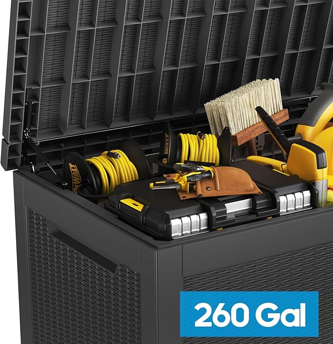 260 Gallon Large Deck Box,Resin Outdoor Storage Box with Lockable for Patio Furniture, Pool Accessories, Garden Tools Waterproof Outside Storage Box, Black