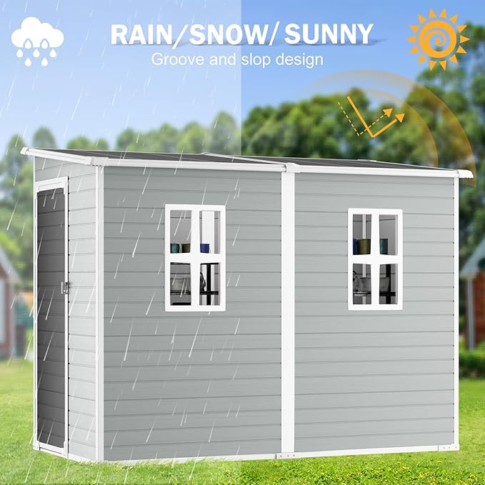 CDCASA 4x8 FT Resin Lean to Shed, Waterproof Outdoor Storage Sheds with Floor & Lockable Door & 2 Windows, Vent, Plastic Tool Shed for Outside, Backyard, Patio, Poolside, Gray