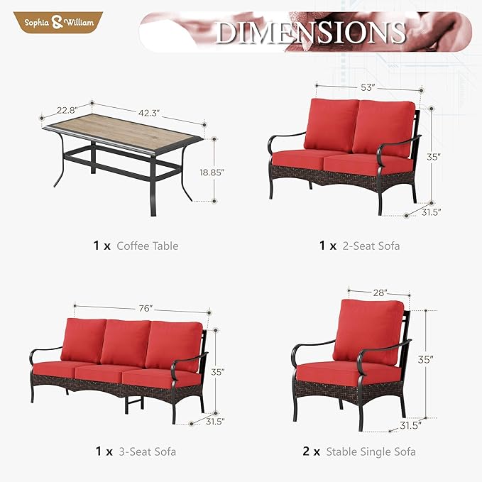 Sophia & William Patio Furniture Set, 5 Piece Metal Outdoor Conversation Set with 3-Seater Outdoor Couch, 2 Sofa Chairs, 1 Loveseat,1 Coffee Table for Outdoor Seating, Backyard, Porch(Red)