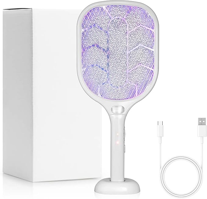 Lulant Electric Fly Swatter Racket,3000V Bug Zapper Racket,1800mA Battery Rechargeable Mosquito Killer, Type-C Rechargeable Base, Three-Layer Protective Safety Mesh for Indoor and Outdoor