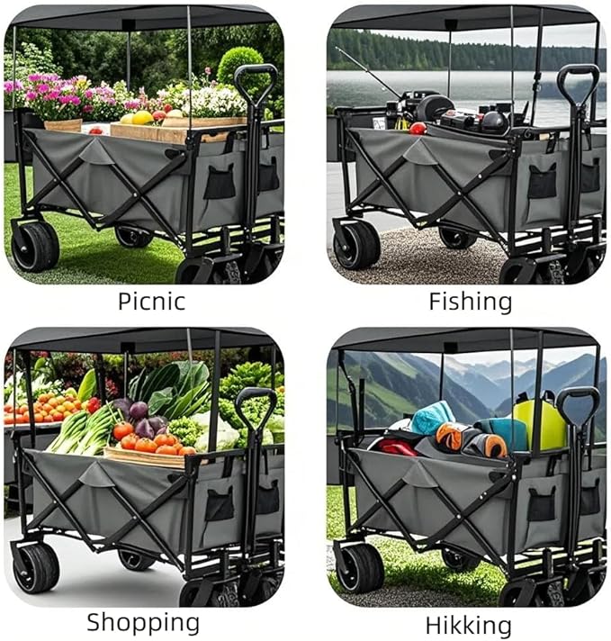 AthLike Extra Large Collapsible Wagon w/Removable Canopy, 250lbs/262L Capacity Foldable Garden Cart w/Rear Storage, Heavy Duty Push&Pull Utility Camping Beach Stroller w/Big Wheel&Adjustable Handles