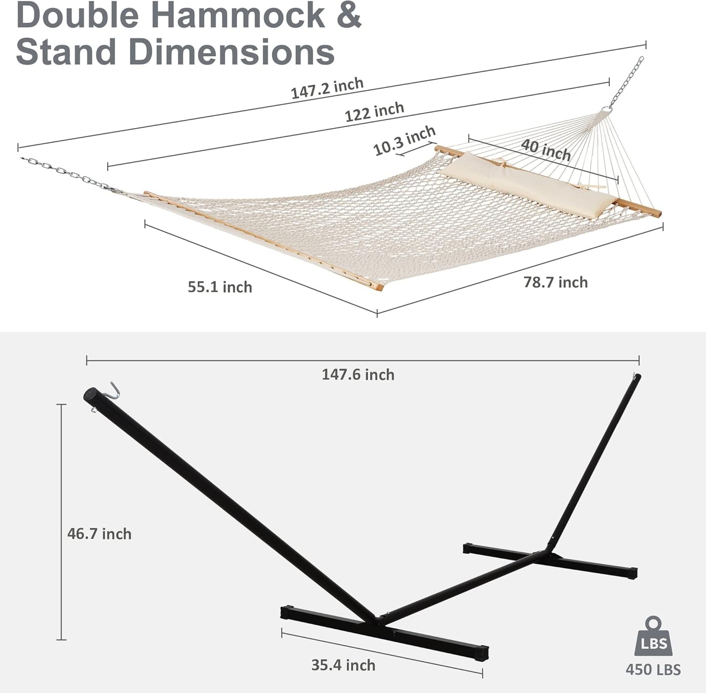 SUNCREAT Double Outdoor Hammock with Stand Included, Portable Cotton Rope 2 Person Hammock for Outdoor, Patio, Garden, Backyard, Beige