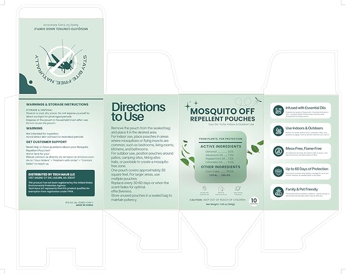 Mosquito Repellent Outdoor Patio Indoor Plant-Based Mosquito Deterrent Pouches 10 Pouches Long-Lasting Mosquito Control for Home Camping Hiking