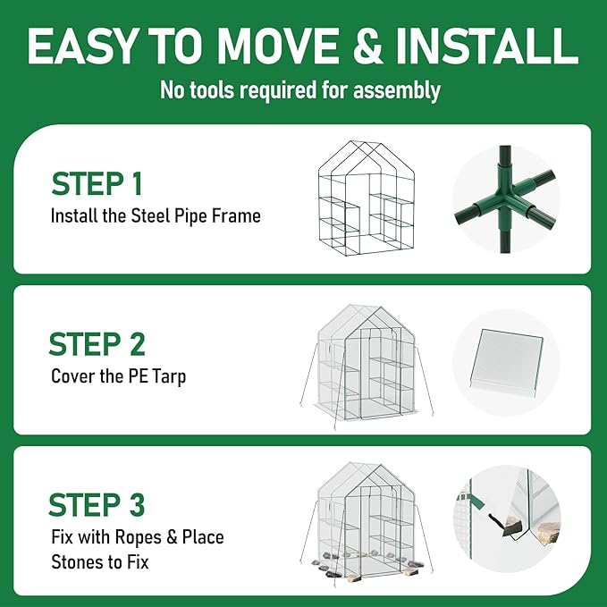56×56×78Inch Walk-in Greenhouse, Heavy Duty Small Plant House with Thicken PE Cover and Steel Frame, for Garden, Outdoors, Indoors, White
