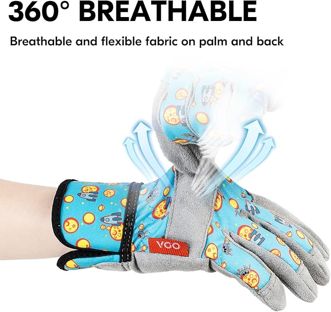 Vgo... 1-Pair Age 3-4 Kids Gardening Gloves,Children Yard Work Gloves,Soft Safety Outdoor Playing Gloves (Size XS, Blue Plane, KID-MF3561)