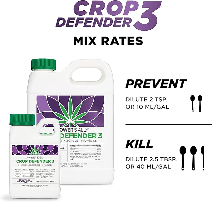 Grower's Ally Crop Defender 3 Concentrate 8 oz | Natural, Safe & Organic Insecticide & Fungicide Control for Plants - Powdery Mildew, Spider Mites & Russet Mite Killer – Makes 25 Gallons