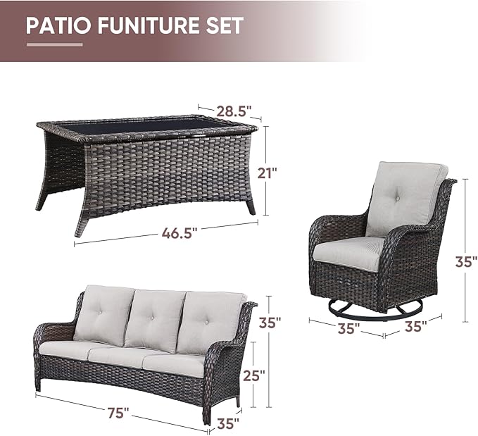 4 Piece Patio Furniture-All-Weather PE Wicker Outdoor Patio Furniture with Swivel Rocker Chairs,Outdoor Couch, Set with Coffee Table-Brown/Beige