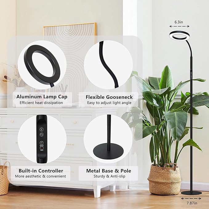 Grow Light for Indoor Plants, Full Spectrum Led Plant Growing Lights with Stand, Tall Halo Floor Growth Lamp with Timer, Height Adjustable, Dimmable Brightness for Large Plants