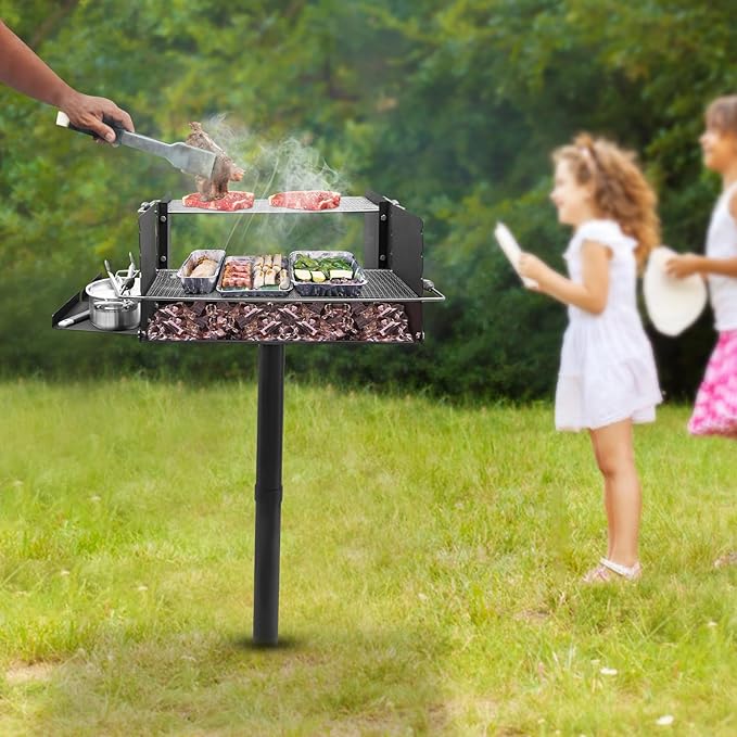 Adjustable Height Large Park Style Grill, Single Post Outdoor Grill, Portable Park Style Charcoal Grill, Camp Grilling Barbecues for Outdoor Barbecues, Parties, Camping.