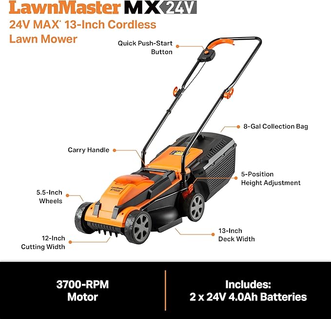 LawnMaster CLM2413A Cordless 13-Inch Lawn Mower 24V Max with 2X4.0Ah Battery and a Charger