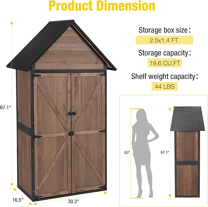 Outdoor Storage Shed,Vertical Wooden Tool Shed with Waterproof Roof,Adjustable 3 Tiers Shelves,Storage Tool Cabinet Box with Metal Frame Sloped Roof for Backyard Garden Patio Lawn (Dark Brown)