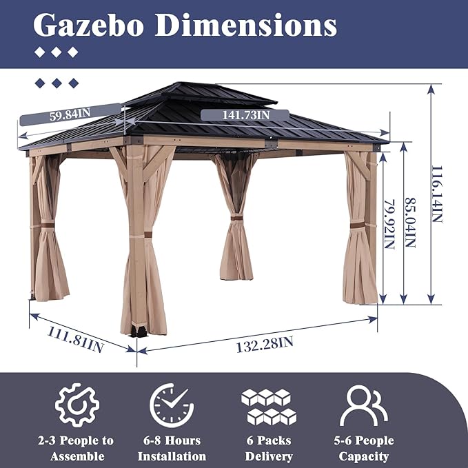 CHARMELEON Cedar Wood Gazebo 10x12 ft – Gazebo Wooden with Double Metal Roof – Hardtop Gazebo Kits with Mosquito Netting & Curtains – Wood Frame Gazebos Pavilion for Outdoor, Patio, Backyard and Deck