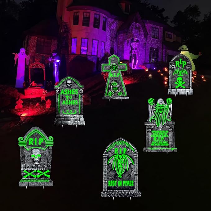 6Pcs Large Halloween Tombstones Decoration Yard Sign Glow in The Dark, 25"x16" Light Up Graveyard Decor for Outdoor Displays, Waterproof and Durable Cemetery Decorations for Grave, Spooky Yard Props