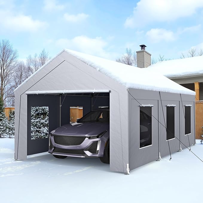 Carport 12x20 ft Heavy Duty, Car Port with Reinforced Steel Frame and 6 Roll-up Windows, Portable Garage with Sturdy Ground Nails, Waterproof All-Season Car Canopy for Boat, Truck, Grey
