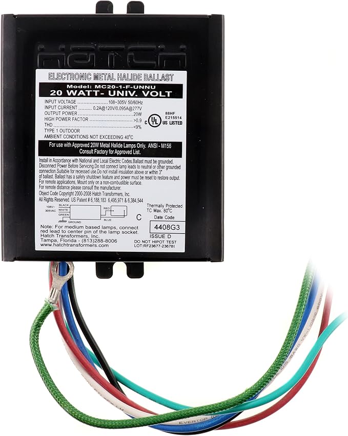 Hatch MC20-1-F-UNNU Electronic Metal Halide Ballast, MH M156, 20W, 108-305VAC