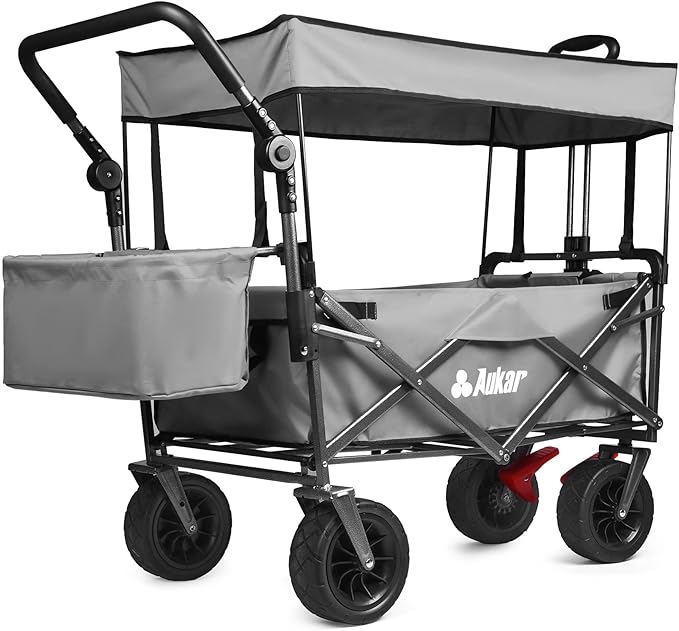 Collapsible Canopy Wagon - Heavy Duty Utility Outdoor Foldable Garden Cart - with Adjustable Push Pulling Handles,Big Wheels for Sand, for Shopping, Picnic, Camping, Sports - Grey