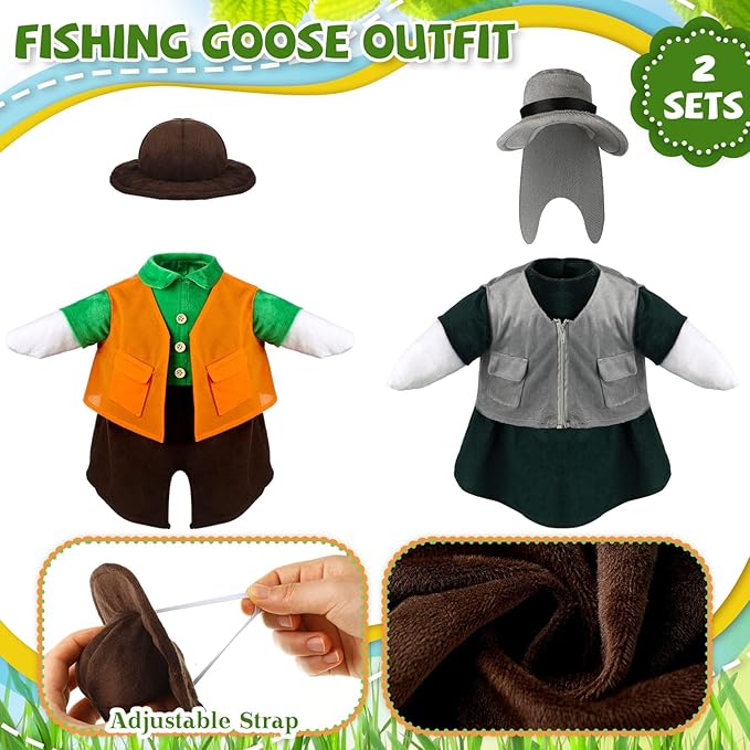 Frienda 2 Set Fishing Porch Goose Outfit Clothes for 23" High Cement or Plastic Goose, Fishing Yard Cement Geese Duck Clothes Costume for Fall Halloween Outdoor Garden Yard Patio Decor