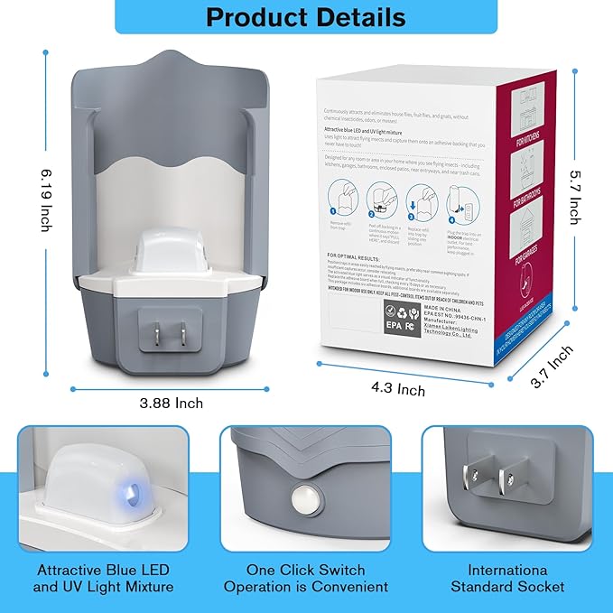 2 Flying Insect Traps & 2 Refill Glue, Fly Trap Indoor, Fruit Fly Trap for Indoors, Bug Catcher for Gnats, Mosquitoes, Moths, House Flies, UV & Blue Light, Safe for Any Room, Mess-Free Use