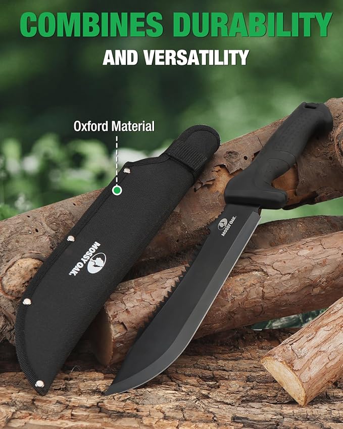 Mossy Oak Machete with Saw, 16" Sharp Machete with Sheath, Ergonomic No-Slip Handle for Bushcraft, Outdoor Hunting, Garden Cutting Small Trees and Yard Work