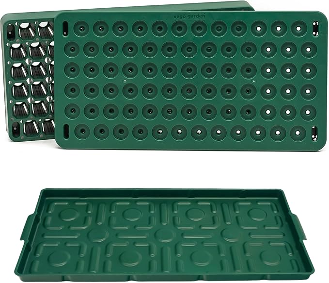 Vego garden Seedling Suite Products 10" x 20" 76 Cells Stackable Seed Starter Germination Tray with 3-in-1 Plant & Pop Board and 10" x 20" Bottom Watering Tray