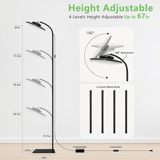 100W Grow Light for Indoor Plants, Full Spectrum LED Tall Plant Lights with Timer, Standing Floor Growing Lamp, 67" Height Adjustable for Large Many Plants