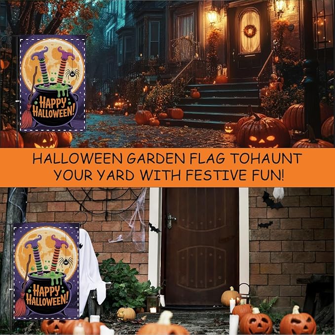 Fokongna Halloween Garden Flag, Happy Halloween Witch Feet Garden Flag, 12x18 Inch Burlap Vertical Double Sided Flags, for Home Yard Outside Decorations