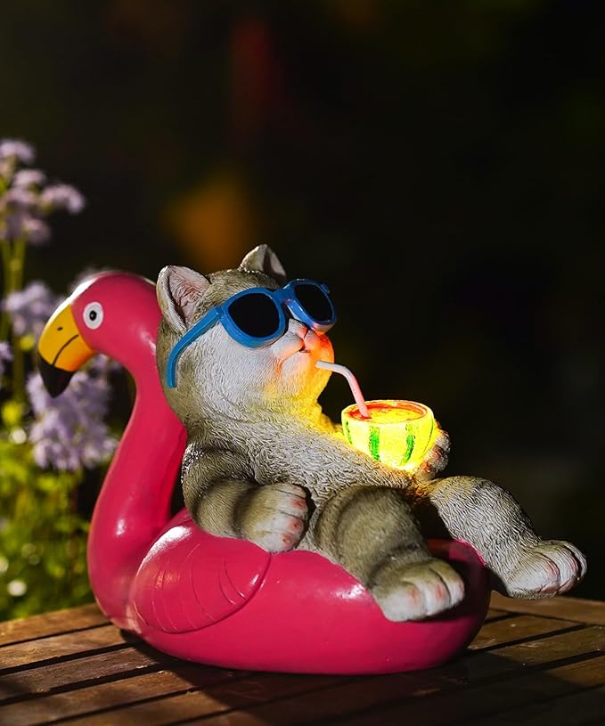 Cat Lying Flamingo Statue: Outdoor Sculptures Clearance for Lawn Porch Patio Balcony Yard - Gifts for Mom Women