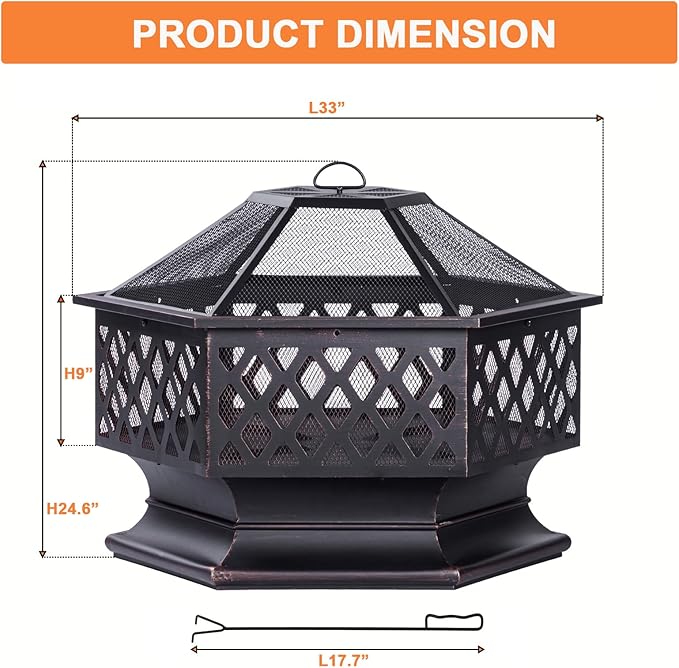 33 Inch Outdoor Fire Pit, Hexagon Shaped Wood Burning Firepit for Outside Bonfire, Patio, Backyard and Camping (Antique Bronze)