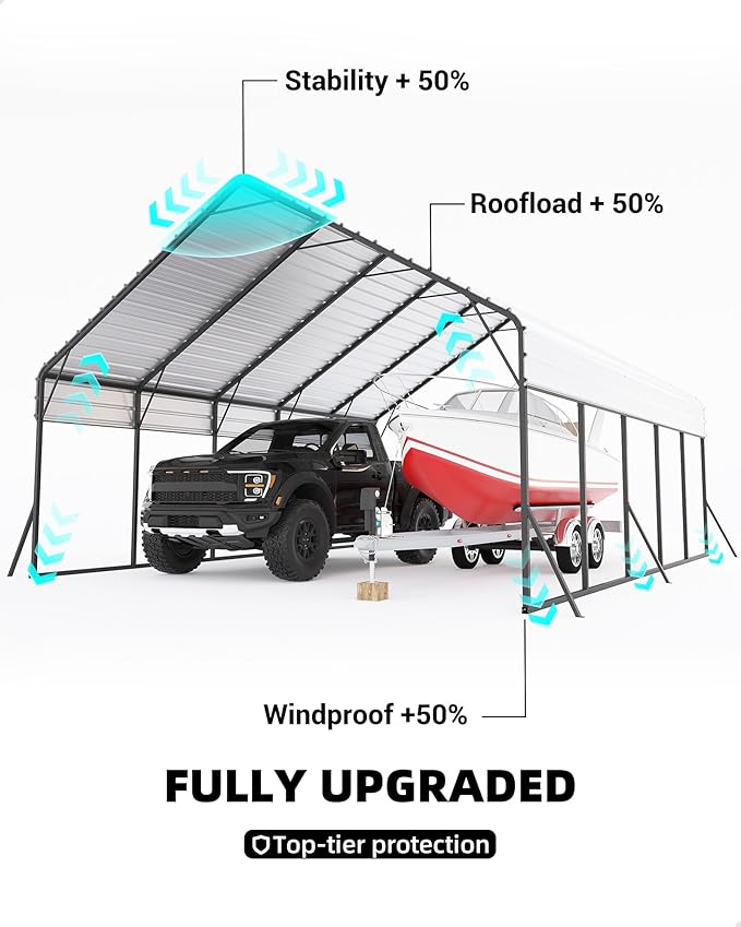 20'x25'x13' Metal Carport for 2 Cars, Extra Tall Car Port, Reinforced Frame and Roof for All-Weather, for Bass Boats, Full-Sized Pickup Trucks, and Tractors, N.W. 980 Lbs