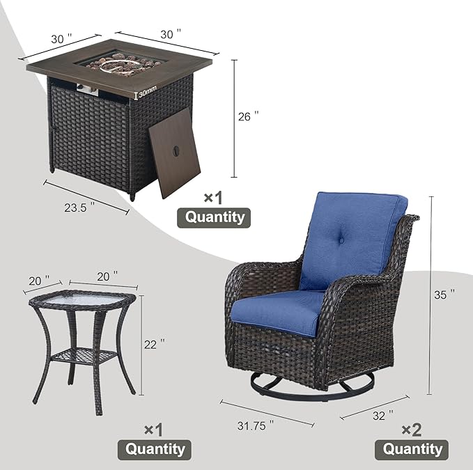 4 Pieces Patio Furniture Set with Fire Pit 50,000 BTU,Outdoor Swivel Rocker Chairs Set of 2 with PE Rattan Side Table,Wicker Outdoor Conversation Set with Rocking Chairs