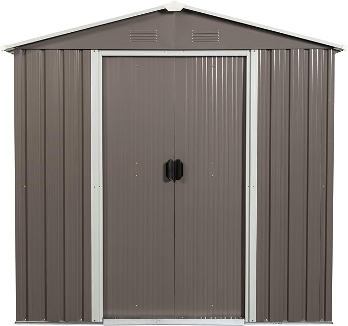6x5 FT Outdoor Storage Shed, Metal Garden Shed with Frame Floor, Outside Tool Shed with Lockable Sliding Doors, Waterproof Storage Building with Sloped Roof for Backyard, Patio, Lawn, Warm Gray